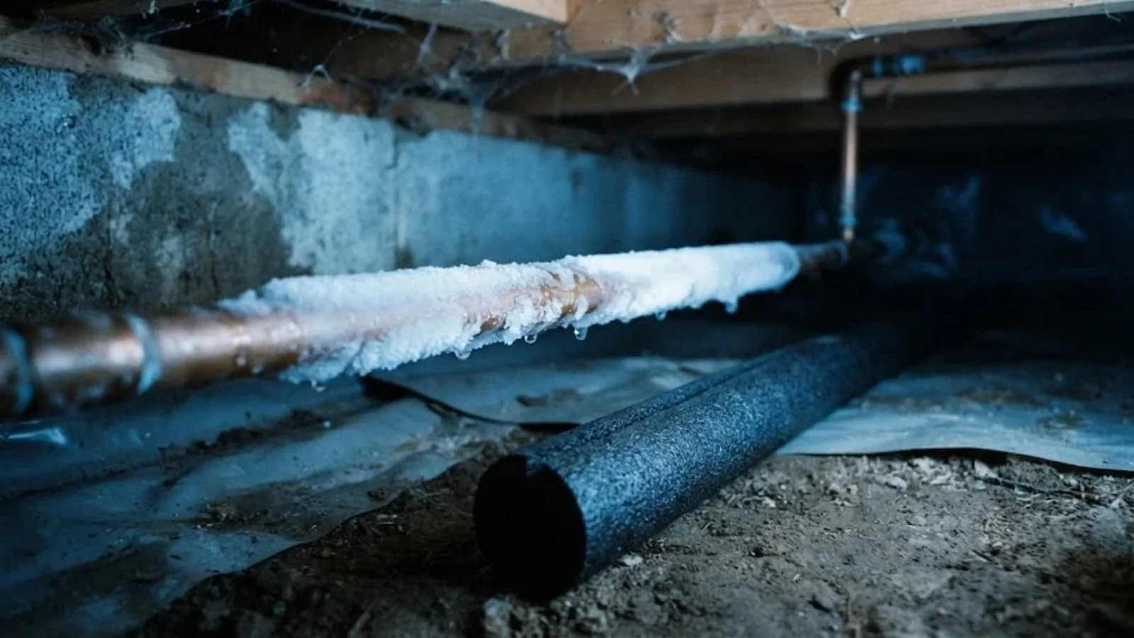 Frost on an exposed crawlspace pipe before a freeze in the Piedmont