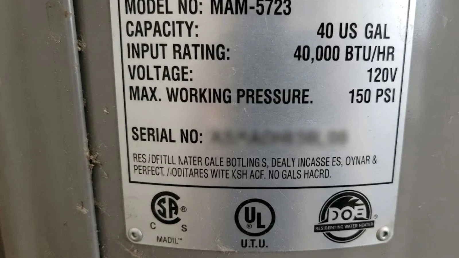Water heater rating plate used to read the age of a tank water heater