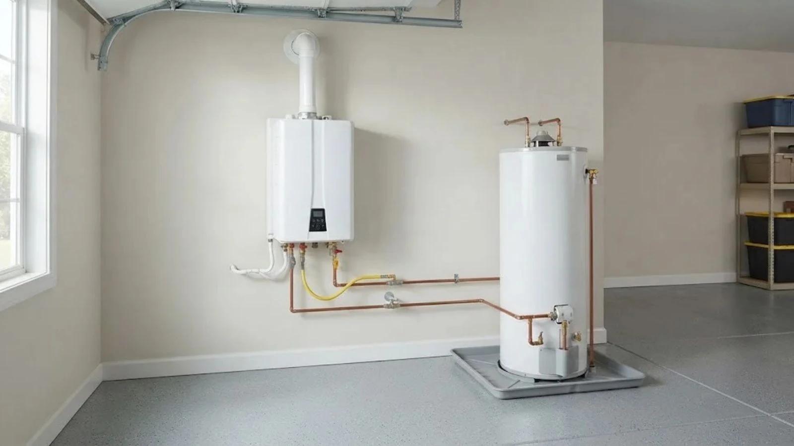 Tankless water heater beside a traditional tank heater in a garage