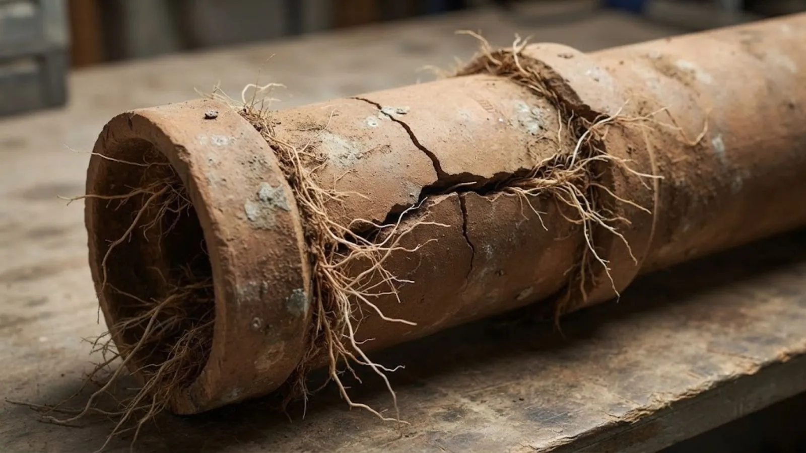 Tree roots growing through a clay sewer pipe joint