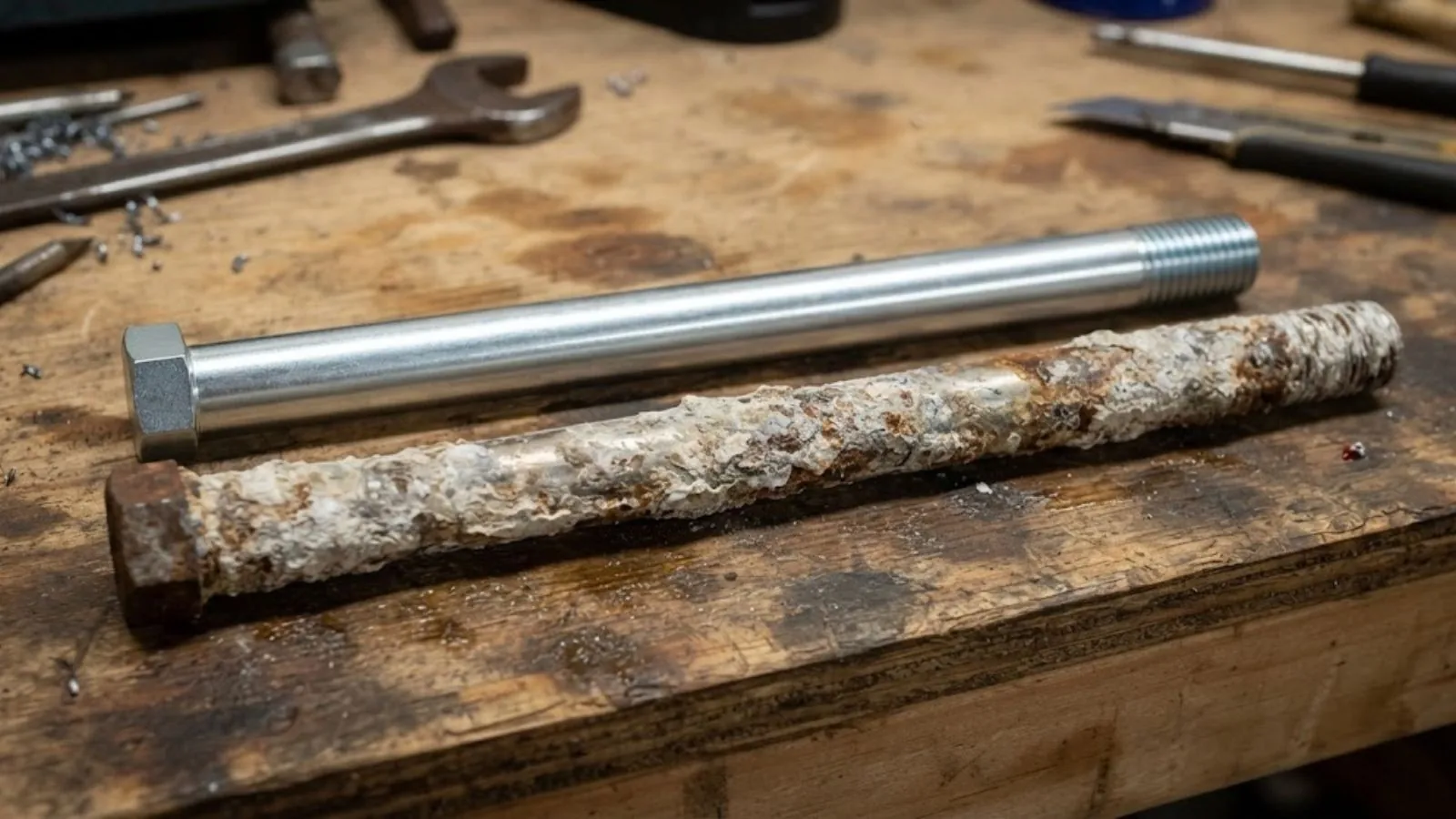 Corroded anode rod next to a new water heater anode rod